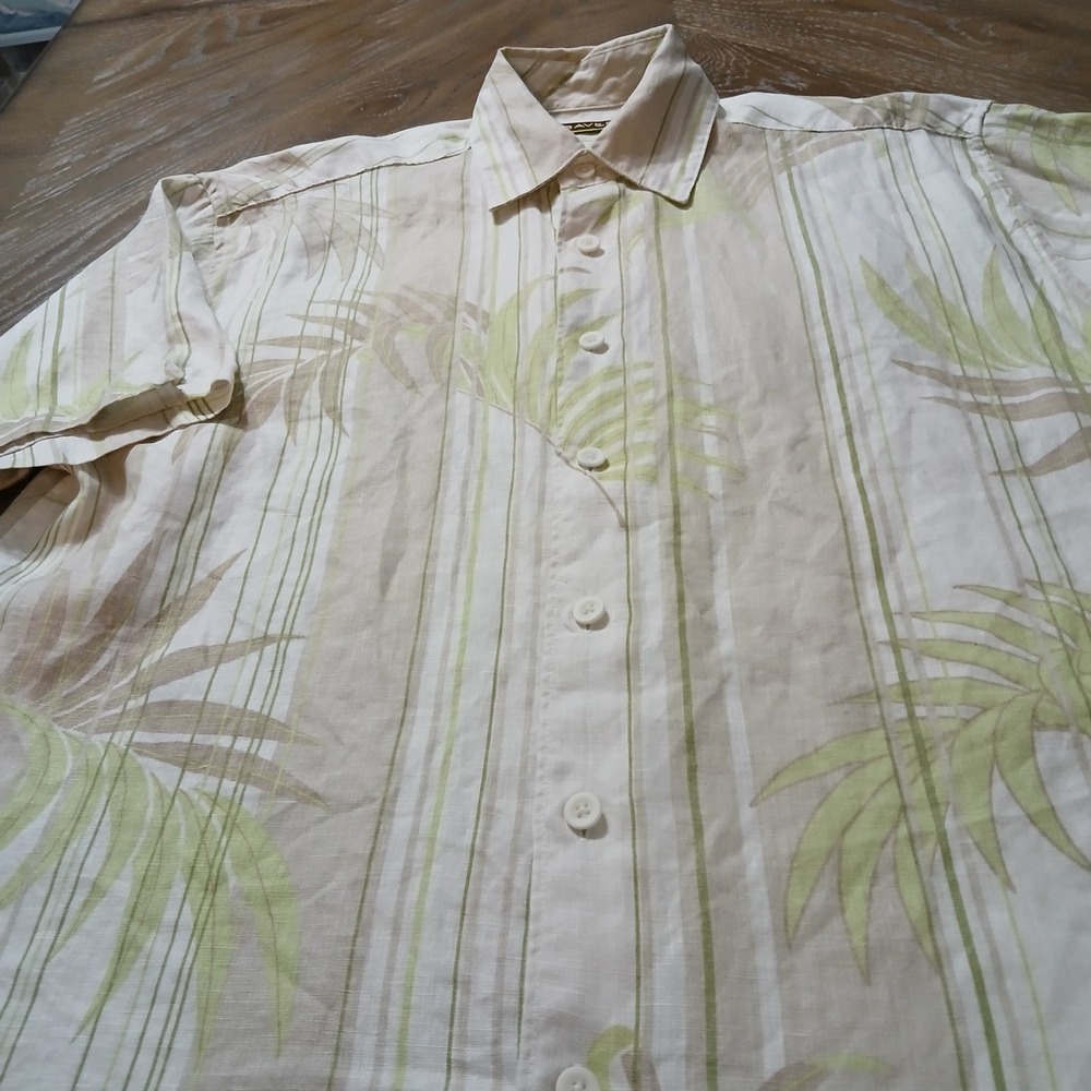 Cubavera Men Shirt Stripped Tropical Print Linen Button Up ShortSleeve SideSlits